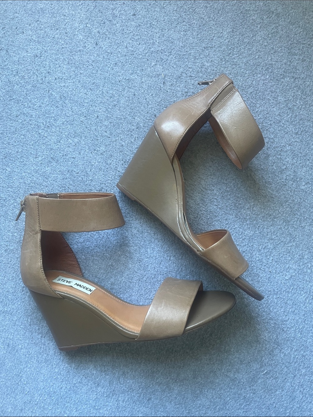 Steve Madden Leather Taupe Ankle-Strap Wedge Sandals